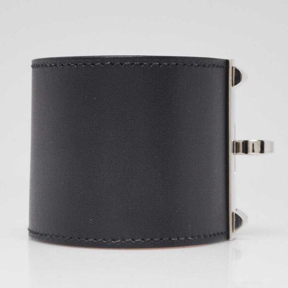 Hermes Black Box Leather Palladium Plated Kelly Dog Extreme Bracelet Size L - Picture 3 of 8